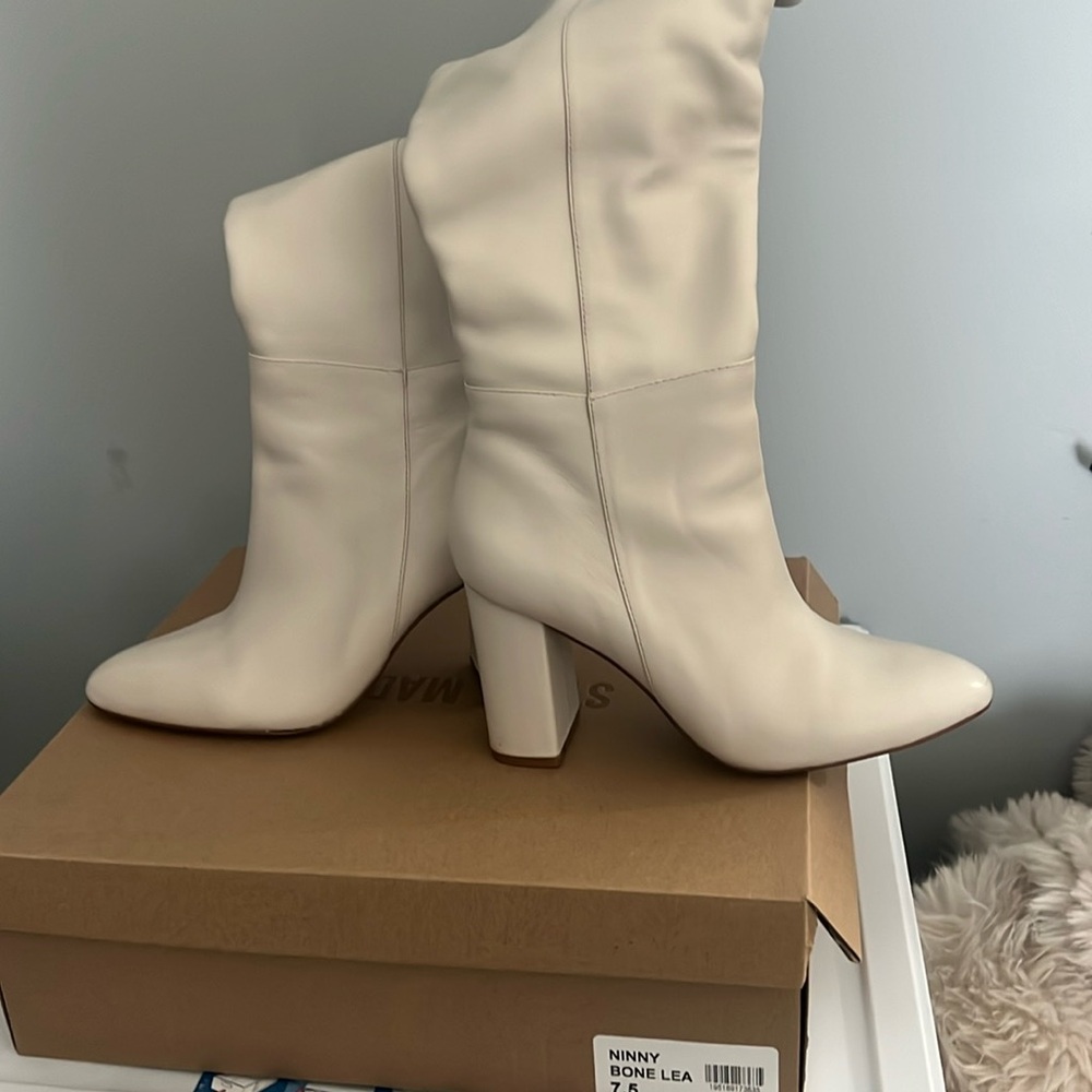 Bone leather knee high boots